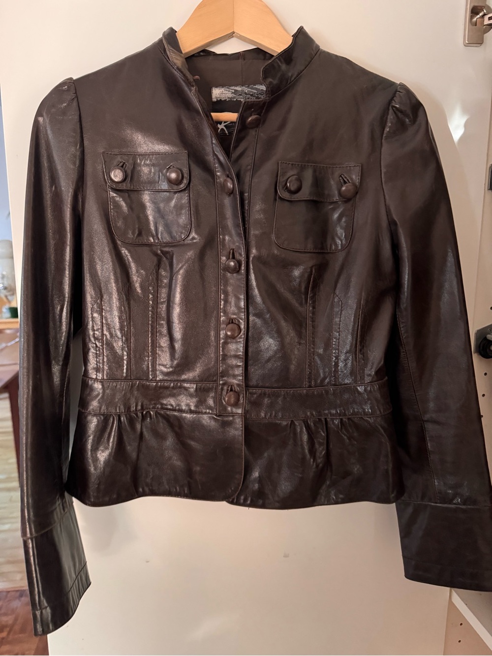 Dark Brown Leather Peplum Jacket Detachable Hood - Roni New York - S